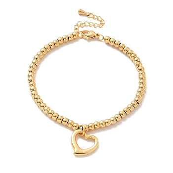 Vacuum Plating 304 Stainless Steel Heart Charm Bracelet with 201 Stainless Steel Round Beads for Women, Golden, 8-3/4 inch(22.2cm)