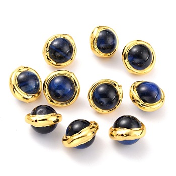 Natural Tiger Eye Beads, with Golden Brass Edge, Dyed, Round, Blue, 15.5~17x15.5~16x12.5mm, Hole: 0.8mm