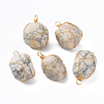 Natural Howlite Pendants, with Golden Plated Brass Wire Wrapped, Nuggets, 14~25x15~32x13~21mm, Hole: 4mm