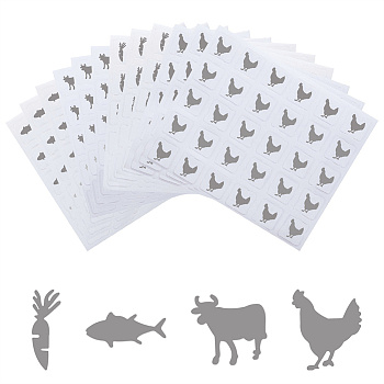 80 Sheets 4 Styles Paper Self Adhesive Stickers, Cartoon Decals for Scrapbooking Making, Cow & Carrot & Fish & Rooster Pattern, Silver, 90~100x76~80x0.1~0.2mm, Sticker: 12x12mm, 20 sheets/style