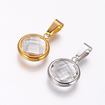 304 Stainless Steel Pendants, with Glass, Flat Round, Faceted, Clear, Mixed Color, 16x13.5x5mm, Hole: 7.5x4.5mm