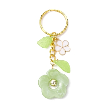 Flower Acrylic Imitation Gemstone Pendant Keychain, with Alloy Enamel Charm and Iron Split Key Rings, Pale Green, 8cm