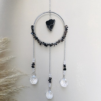 Glass Pendant Decoration, Suncatchers, with Metal Findings, Natural Smoky Quartz, 400x90mm