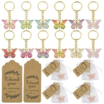 Resin Keychains, Butterfly, with Iron Rings and Organza Bags and Paper Card, Mixed Color, 70mm
