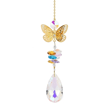 Hollow Alloy Hanging Ornaments, Colorful Glass Octagon Beads & Teardrop Tassel for Home Garden Decorations, Butterfly, 315mm, pendant: 140x45mm