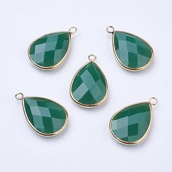 Golden Tone Brass Glass Teardrop Pendants, Faceted, Olive Drab, 18x10x5mm, Hole: 2mm