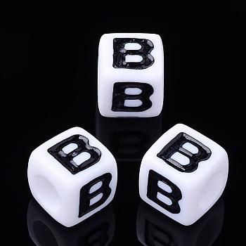 Letter Acrylic Beads, Cube, White, Letter B, Size: about 7mm wide, 7mm long, 7mm high, hole: 3.5mm, about 2000pcs/500g