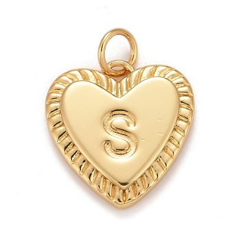 Rack Plating Real 18K Gold Plated Brass Pendants, with Jump Rings, Long-Lasting Plated, Lead Free & Cadmium Free & Nickel Free, Heart with Letter A~Z, Letter.S, 16x15x2.5mm, Jump Ring: 5x0.5mm, 3mm Inner Diameter