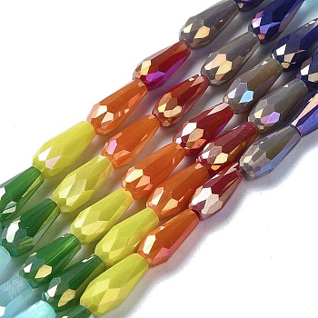 Electroplate Glass Beads Strands, Faceted, Teardrop, Mixed Color, 9.5x4.5mm, Hole: 1mm, about 21pcs/strand, 7.72''(19.6cm)