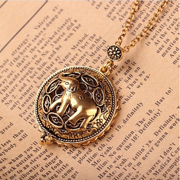 Magnifying Glass Magnetic Locket Pendant Necklaces for Women, with Zinc Alloy Cable Chains, Antique Golden, Elephant Pattern, 24.41 inch(62cm)
