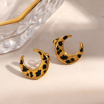 304 Stainless Steel & Enamel Stud Earrings, Leopard Print Moon, Golden, 30x33mm