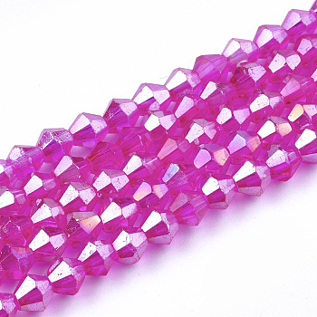 Electroplate Glass Beads Strands, AB Color, Faceted, Bicone, Magenta, 4~4.5x4mm, Hole: 1mm, about 92~96pcs/strand, 13.78~14.37 inch(35~36.5 cm) 