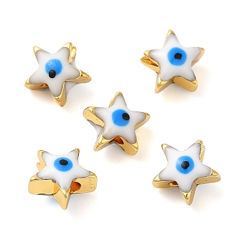 Golden Tone Brass Enamel Beads, Cadmium Free & Lead Free, Long-Lasting Plated, Star with Evil Eye, White, 8x8x5mm, Hole: 1.4mm