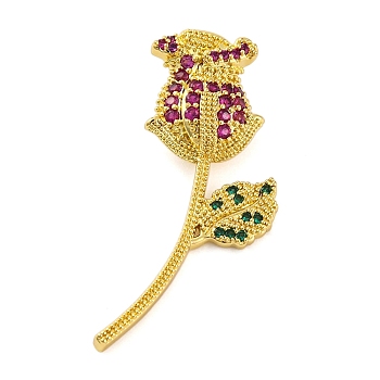 French Style Brass Micro Pave Cubic Zirconia Pendants, Rose with Ginkgo Leaf, Real 14K Gold Plated, 36x16x8mm, Hole: 6x3mm