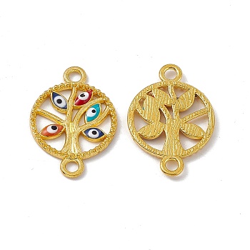 Alloy Connector Charms, with Enamel, Flat Round Tree Links with Colorful Evil Eye, Golden, 23.5x16x1.6mm, Hole: 2.2mm