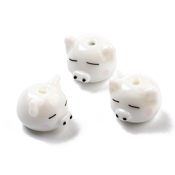Handmade Porcelain Beads, Pig Head, White, 11.5x14x15~16mm, Hole: 2mm