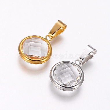 Mixed Color Clear Flat Round Stainless Steel+Glass Pendants