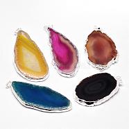 Electroplated Natural & Dyed Agate Big Pendants, with Silver Color Plated Brass Findings, Mixed Color, 63~83x30~40x5~6mm, Hole: 8x5mm(G-N0167-029)