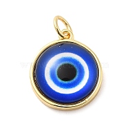 Real 18K Gold Plated Brass Pendants, with Acrylic and Jump Ring, Flat Round with Evil Eye Charms, Blue, 16x14x5.5mm, Hole: 3.4mm(KK-A198-03G-01)