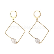 Large Wire Rhombus Dangle Hoop Earring, Pearl Beaded Geometry Drop Earrings for Women, Golden, Seashell Color, 51mm, Pin: 0.85mm(EJEW-JE04724-02)