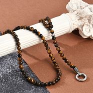 Natural Tiger Eye Round Beaded Y Necklaces, 304 Stainless Steel Ring Pendant Necklaces for Women, Stainless Steel Color, 27.56~27.95 inch(70~71cm)(NJEW-F331-02P-01)