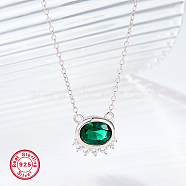 Green Cubic Zirconia Oval Pendant Necklaces, with Rhodium Plated 925 Sterling Silver Chains, Platinum, 15.75 inch(40cm)(FU4780-2)
