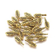 Tibetan Style Alloy Feather Pendants, Cadmium Free & Lead Free, Antique Golden, 17x5.5x3mm, Hole: 1.5mm, about 2320pcs/1000g(TIBEP-0377-AG-LF)