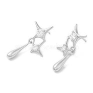 Rack Plating Brass Pave Cubic Zirconia Star with Teardrop Dangle Stud Earrings for Women, Long-Lasting Plated, Lead Free & Cadmium Free, Platinum, 30x19mm(EJEW-D059-25P)