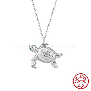 Rhodium Plated 925 Sterling Silver Cable Chain Necklaces, Summer Beach Green Cubic Zirconia Turtle Pendant Necklaces, Real Platinum Plated, 17.72 inch(45cm)(STER-P065-13P)