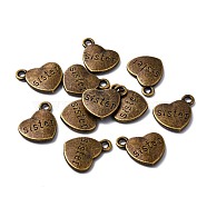 Tibetan Style Alloy Family Charms, Heart with Word Sister, Cadmium Free & Nickel Free & Lead Free, Antique Bronze, 14x18x3mm, Hole: 2.5mm(X-TIBEP-5429-AB-FF)