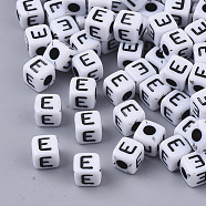White Opaque Acrylic Beads, Horizontal Hole, Cube with Black Alphabet, Letter.E, 4~5x4~5x4~5mm, Hole: 1.8mm, about 240pcs/20g(X-MACR-R869-02E)