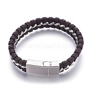 Leather Braided Cord Bracelets, with Stainless Steel Magnetic Clasps, Coconut Brown, 8-5/8 inch(22cm), 13x7mm(BJEW-E350-08B)