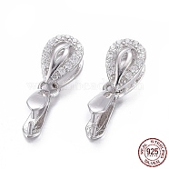 Rhodium Plated 925 Sterling Silver Pendant Bails, with Cubic Zirconia, with 925 Stamp, Ice Pick Pinch Bails, Teardrop, Clear, Platinum, 15mm, Hole: 6x2.5mm, Pin: 0.8mm, Inseam Length: 4mm(X-STER-L058-028P)