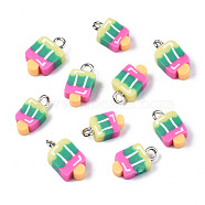 Handmade Polymer Clay Charms, with Platinum Tone Iron Findings, Ice Cream, Rainbow Color, 14~15x8~9.5x4mm, Hole: 1.8mm(CLAY-T016-56)