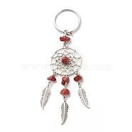 Natural Red Jasper Keychain, with Iron, 304 Stainless Steel & Alloy Findings, Woven Net/Web with Feather, 11.4~11.8cm(KEYC-JKC00346-01)