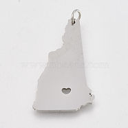 201 Stainless Steel Pendants, Map of New Hampshire, Stainless Steel Color, 32x19x1mm, Hole: 3mm(STAS-T038-78)