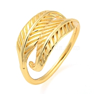 Rack Plating Brass Cuff Rings, Feather, Cadmium Free & Lead Free, Real 18K Gold Plated, Inner Diameter: 15.8mm(RJEW-G292-01G)