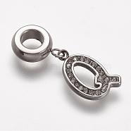 304 Stainless Steel European Dangle Charms, with Rhinestone, Letter.Q, 25mm, Hole: 4.5mm, 12.5x9.5x1.5mm(STAS-F042-Q)