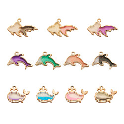 Kissitty 44Pcs 11 Style Alloy Resin & Enamel  Pendants, with Glitter Powder, Dolphin & Whale & Goldfish, Lead Free, Golden, Mixed Color, 14~16x19~27x2.5mm, Hole: 1~1.6mm, 4Pcs/style(FIND-KS0001-04)