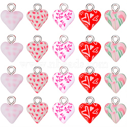 40Pcs 5 Styles Handmade Polymer Clay Charms, Heart, with Platinum Tone Iron Loops, Mixed Color, 13x10x6mm, Hole: 2mm, 8pcs/style(CLAY-SC0002-91B)