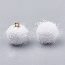 Faux Mink Fur Covered Pendants, with Brass Findings, Round, Golden, White, 16.5~17x15~16mm, Hole: 1mm(X-WOVE-S115-01G)