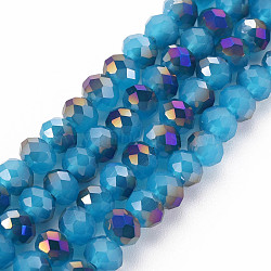 Electroplate Glass Beads Strands, Imitation Jade, Half Purple Plated, Faceted, Rondelle, Steel Blue, 6x5mm, Hole: 1mm, about 85~88pcs/strand, 16.1~16.5 inch(41~42cm)(EGLA-A034-J6mm-F08)