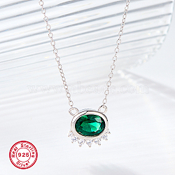 Anti-Tarnish Green Cubic Zirconia Oval Pendant Necklaces, with Rhodium Plated 925 Sterling Silver Chains, Platinum, 15.75 inch(40cm)(FU4780-2)