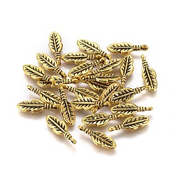 Tibetan Style Alloy Feather Pendants, Cadmium Free & Lead Free, Antique Golden, 17x5.5x3mm, Hole: 1.5mm, about 2320pcs/1000g(TIBEP-0377-AG-LF)