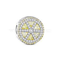 TINYSAND Rhodium Plated 925 Sterling Silver European Beads, with Cubic Zirconia, Large Hole Beads, Luxurious Circle, Platinum, Light Goldenrod Yellow, 13.69x13.18x9.05mm, Hole: 4.57mm(TS-C-234)