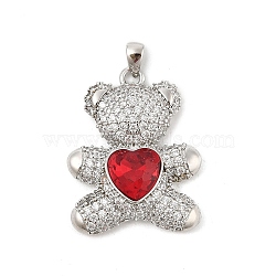 Brass Micro Pave Cubic Zirconia Pendants, Bear, Rack Plating, Long-Lasting Plated, Lead Free and Cadmium Free, Red, 26.5x21x6.5mm, Hole: 3.5x2mm(KK-P300-03P-01)