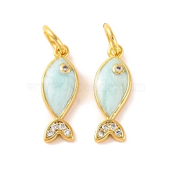 Rack Plating Brass Micro Pave Cubic Zirconia Pendants, with Enamel, Long-Lasting Plated, Fish, with Jump Ring, Real 18K Gold Plated, Pale Turquoise, 15.5x5.5x2mm(KK-H486-14G-01)