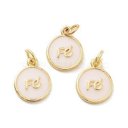 Rack Plating Brass Enamel Charms, with Jump Ring, Cadmium Free & Lead Free, Long-Lasting Plated, Real 18K Gold Plated, Flat Round with Word Fe Charm, Snow, 14x11x1.5mm, Hole: 3mm(KK-C063-15G)