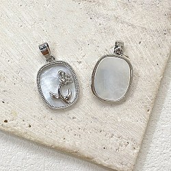 Brass Pave White Shell Oval Pendants, Rose Charms, Platinum, 23x13mm(PW-WG22169-02)
