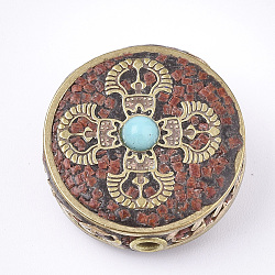 Handmade Indonesia Beads, with Brass Findings, Flat Round, Golden, Indian Red, 22x21x11mm, Hole: 2mm(IPDL-S053-145C)